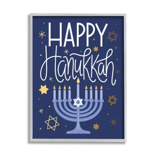 Stupell Industries Happy Hanukkah Blue Menorah Pattern Framed Giclee Art Gray {1}