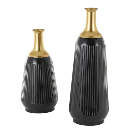 Black Metal Tall Ribbed Decorative Vase Set with Gold Tops {5}