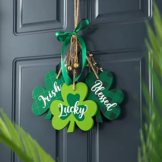 Glitzhome&reg; 18.5" St. Patrick's Wooden Shamrock Door Hanger {3}