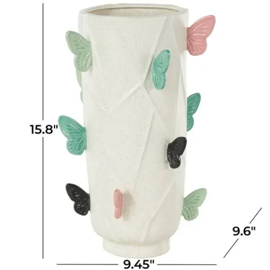 15.75" White Ceramic Butterfly Wide Decorative Vase with Multicolor Accents {8}