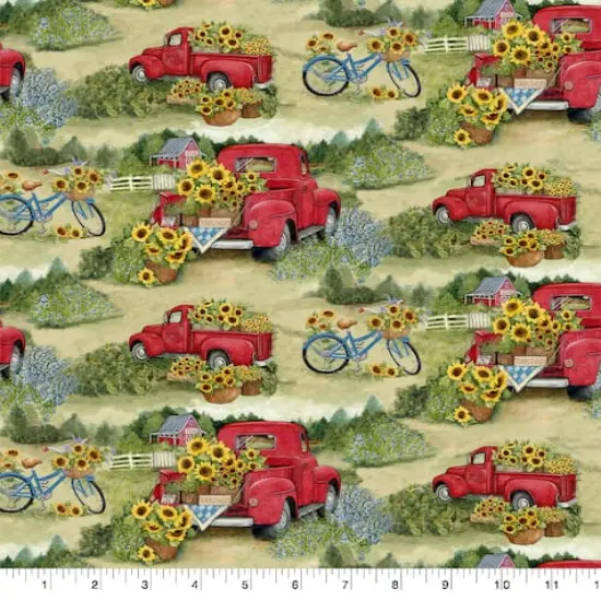 Susan Winget Red Truck & Bicycles Cotton Fabric {1}
