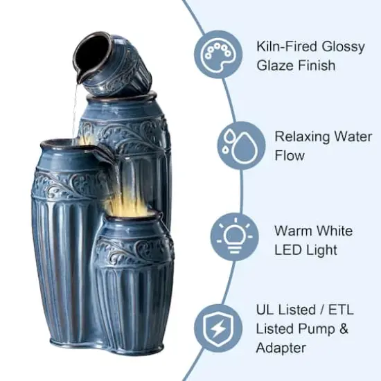 Glitzhome&reg; 35.5" 4-Tier LED Turquoise Embossed Ceramic Pots Outdoor Floor Fountain {4}