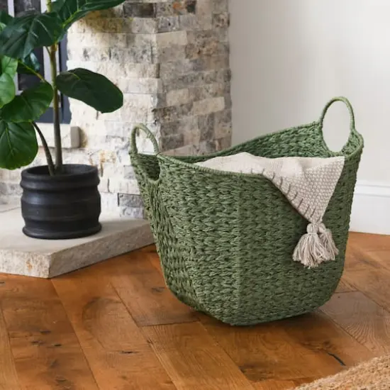 Household Essentials 17.5" Woven Paper Rope Basket with Handles Green {3}
