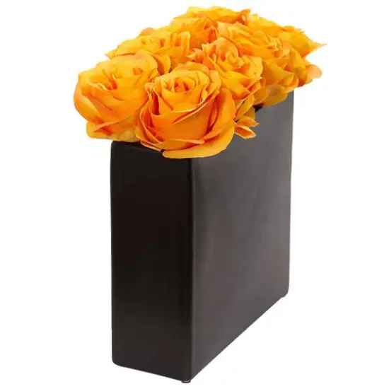 Rose Arrangement In Black Square Vase Orange Yellow {3}
