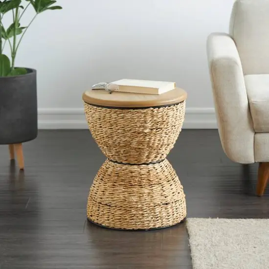 19" Rattan Woven Stool with Wood Tabletop and Black Frame Medium Brown {7}