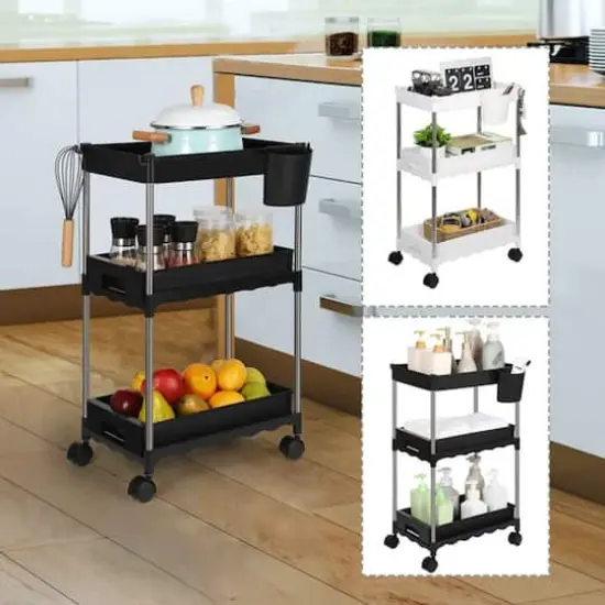 Black 3-Tier Utility Rolling Cart with Sliding Storage Drawer {4}