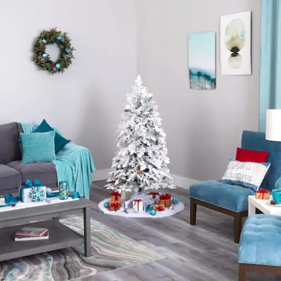 5ft. Pre-Lit Flocked Montana Down Swept Spruce Artificial Christmas Tree with Clear LED Lights {8}