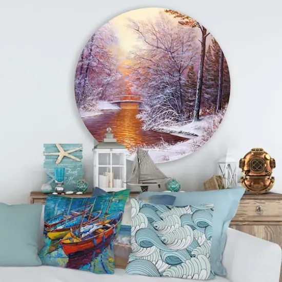 Designart - Christmas Forest With River and Trees II - Traditional Metal Circle Wall Art {4}