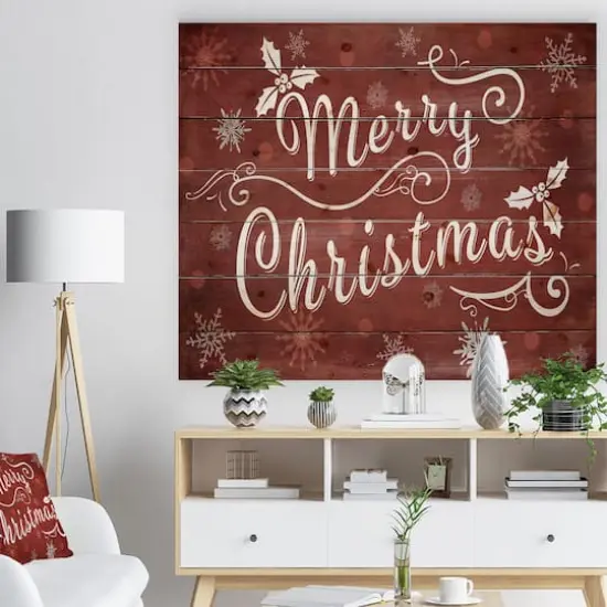 Designart Merry Christmas on Red Print on Natural Pine Wood {5}