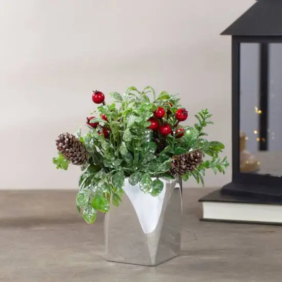 8" Green & Silver Potted Artificial Boxwood with Berries Christmas Arrangement {3}