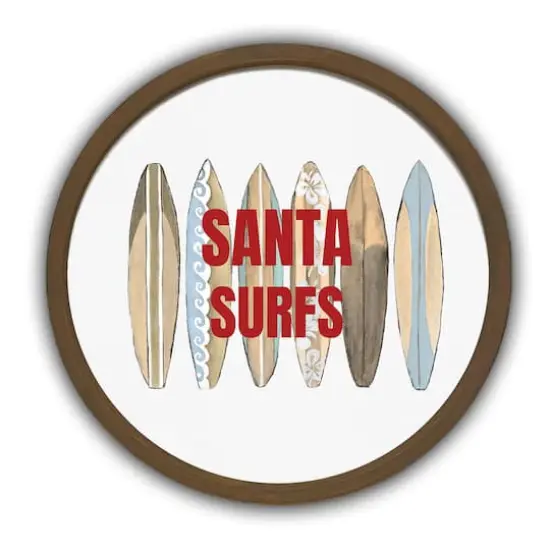 20" Round Santa Surfs Christmas Brown Framed Wall D&eacute;cor {1}