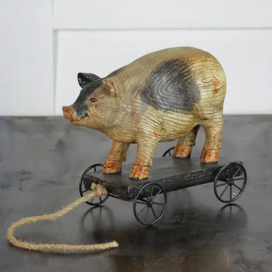 10" Black & White Wood Textured Pig on Cart Garden Statue {3}