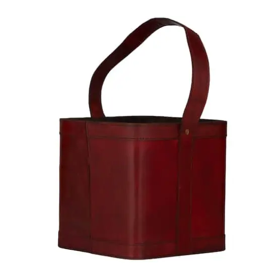 9" Red Leather 4-Bottle Wine Holder with Carrying Handle {3}