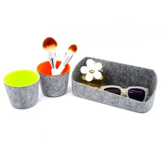 Welaxy Felt 3 Piece Gray Tray with Orange & Green Cups Desktop Organizer Set {5}