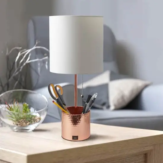 Simple Designs 18.5" Hammered Metal Container Base Table Lamp with USB Charging Port White/Rose Gold {6}