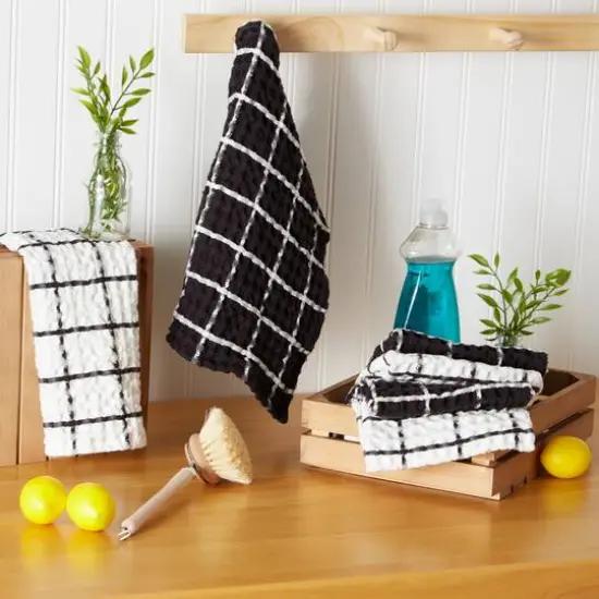 DII&reg; Windowpane Oversized Washed Waffle Dishcloth Set Black/White {5}