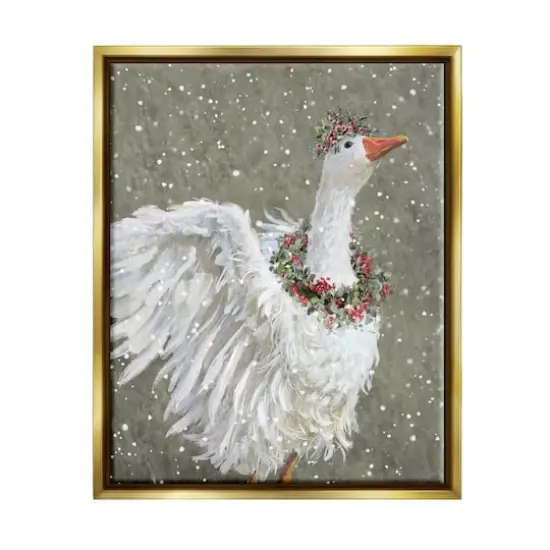 Stupell Industries Winter Goose Seasonal Botanicals Framed Floater Canvas Wall Art Gold {1}
