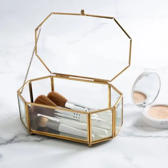 Home Details Large Gold Vintage Mirrored Bottom Octagonal Glass Keepsake Box {5}
