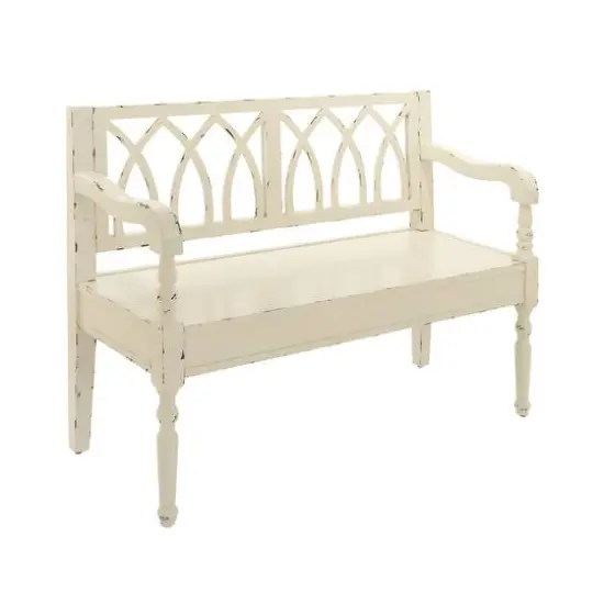 Farmhouse Rectangular Distressed White Wooden Indoor Bench {3}