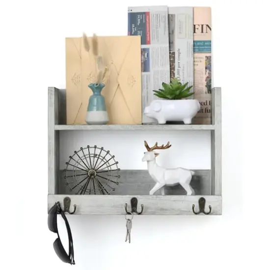 Rustic Wood Floating Storage Shelf with 3 Hooks Gray Green {1}