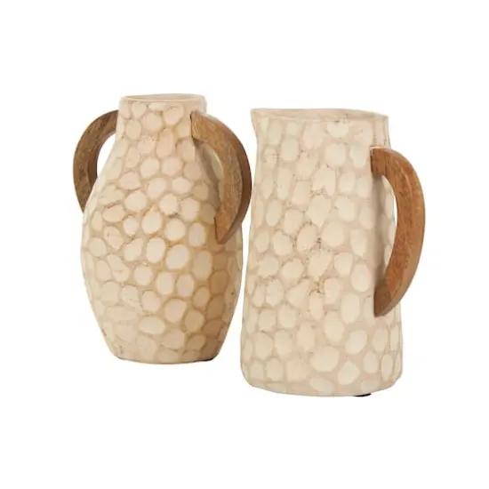 Beige Paper Mache Honeycomb Inspired Jug Vase with Wooden Handle Set {4}