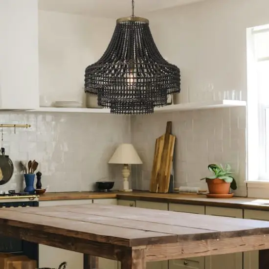 Hello Honey® 23.4" Black Metal, Rattan & Wood Bead Chandelier {4}