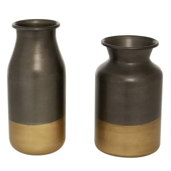 Set of 2 Gold Metal Contemporary Vase, 8", 9.25" {1}