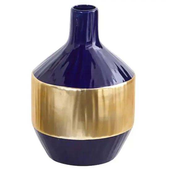 9" Lux Blue Ceramic Vase with Gold Band {1}
