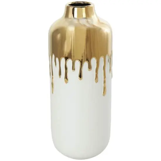 CosmoLiving by Cosmopolitan 14" White with Gold Melting Drips Ceramic Vase {1}