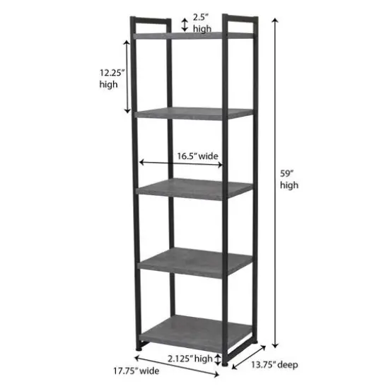 Household Essentials Jamestown 59" 5-Shelf Narrow Bookshelf Gray {7}