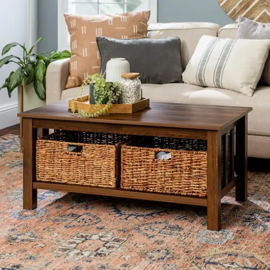 Walker Edison 40" Dark Walnut Mission Storage Coffee Table with Baskets {4}