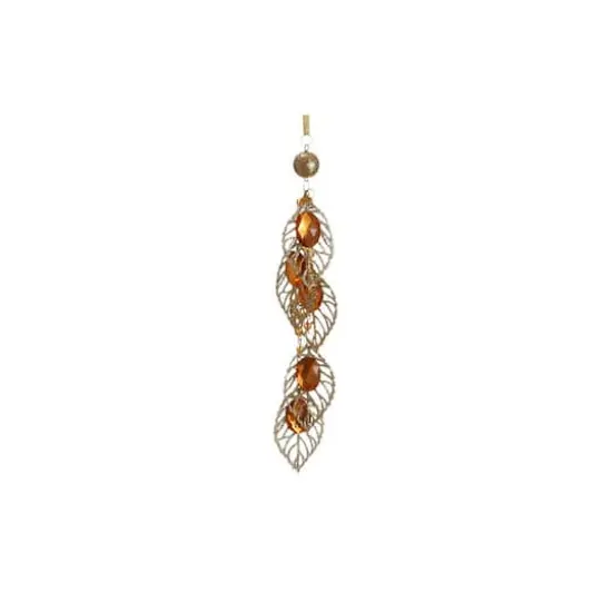 Glitter Gold Jeweled Leaf And Bead Pendant Ornament {3}