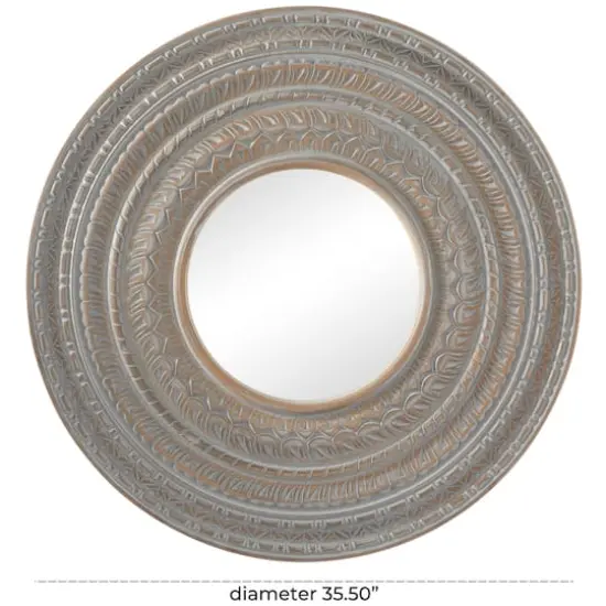 Gray Wood Carved Tribal Wall Mirror 36" x 2" x 36" {6}