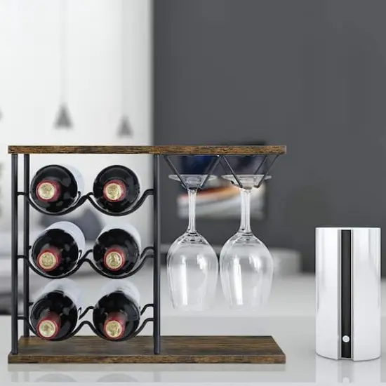 NEX™ 16.5" Dark Brown Countertop Wine Bottle & Glass Rack {6}