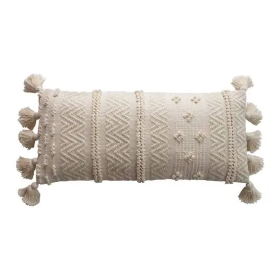 Embroidered Cream Lumbar Pillow with Pom Poms {1}