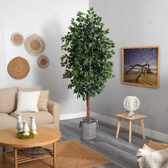 8ft. Ficus Artificial Tree in Handmade Black and White Natural Jute and Cotton Planter {5}