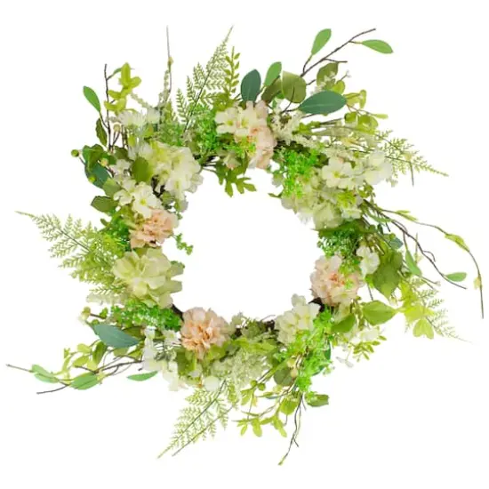 28" Green & Pink Hydrangea & Fern Spring Floral Berry Wreath {1}