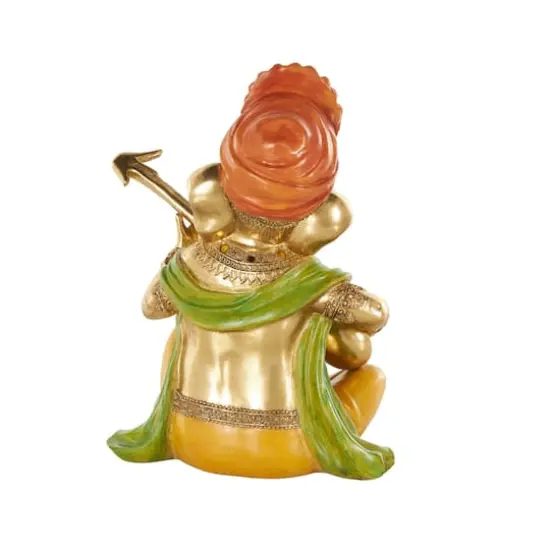 10.75" Gold Ganesh Musician Decorative Sculpture with Green, Yellow, and Red Accents {7}