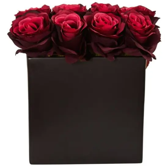 Rose Arrangement In Black Square Vase Burgundy {1}