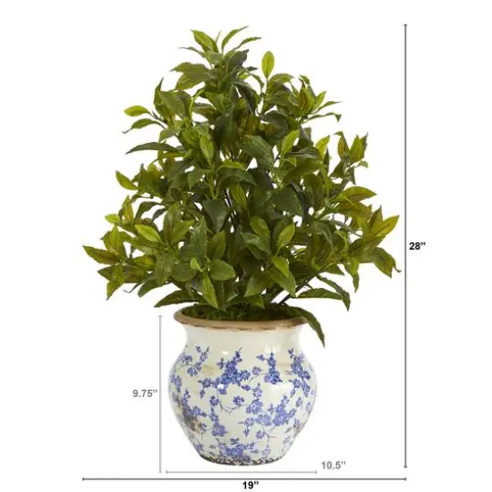 28" Coffee Leaf Artificial Plant in Vintage Floral Planter (Real Touch) {3}