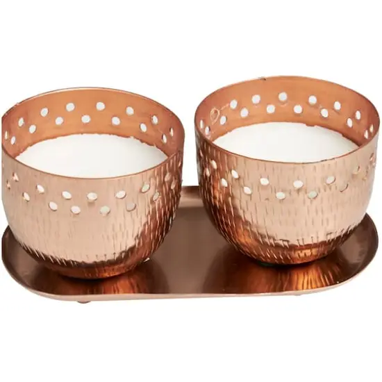 White Wax Sauvignon Blanc Scented Candle Set with Cutout Spotted Copper Container and Oval Holding Tray {5}