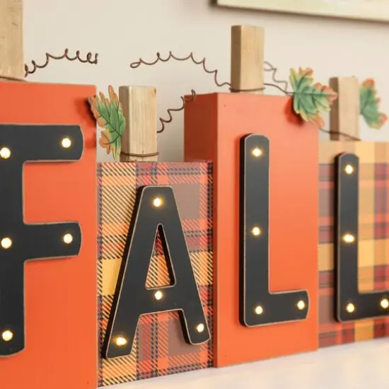 Glitzhome&reg; 18" Lighted Wooden Fall Pumpkins Table D&eacute;cor {4}