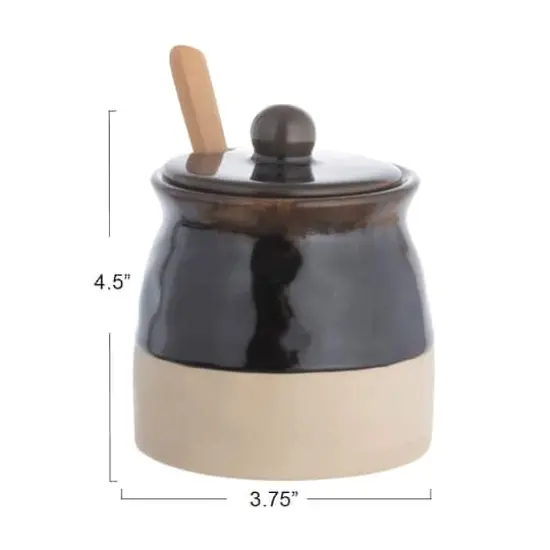 Hello Honey&reg; 4.4" Black Stoneware Sugar Pot with Lid & Wood Spoon {1}