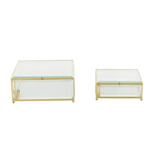 Clear & Gold Beveled Glass & Metal Square Footed Jewelry Box with Chain Accent Set {4}
