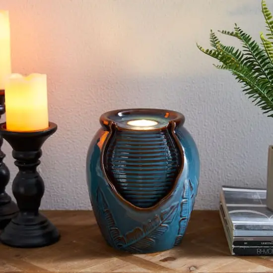 Glitzhome&reg; 9.25" LED Turquoise Leaf Textured Ceramic Jar Tabletop Fountain {3}