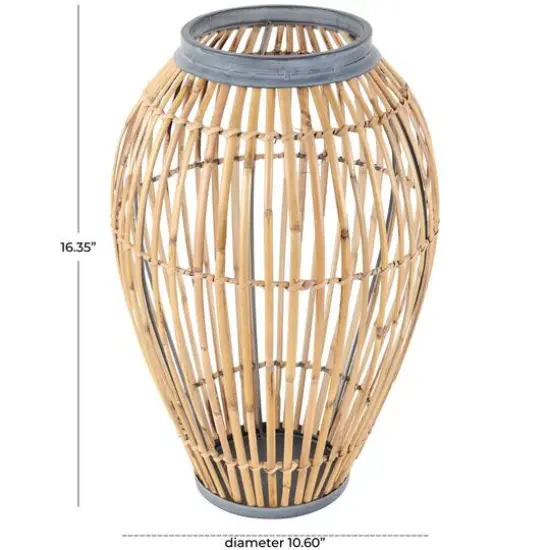 16" Brown Bamboo Handmade Open Frame Vase with Blue Metal Accents {9}