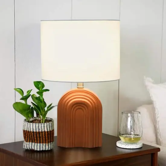 Hello Honey® 19" Carved Arch Stoneware Table Lamp with Linen Drum Shade Terracotta {4}