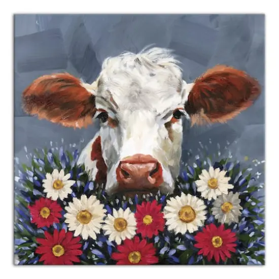 Patriotic Florals Cow I Canvas Wall Art {1}