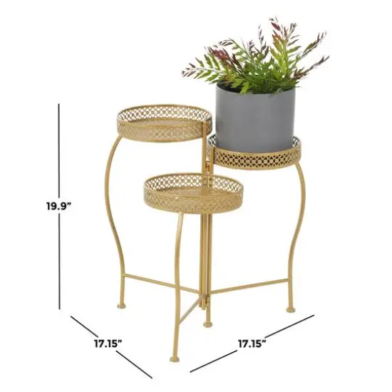 20" Gold Metal Curved Folding 3 Tier Plantstand with Floral & Scroll Patterns {8}