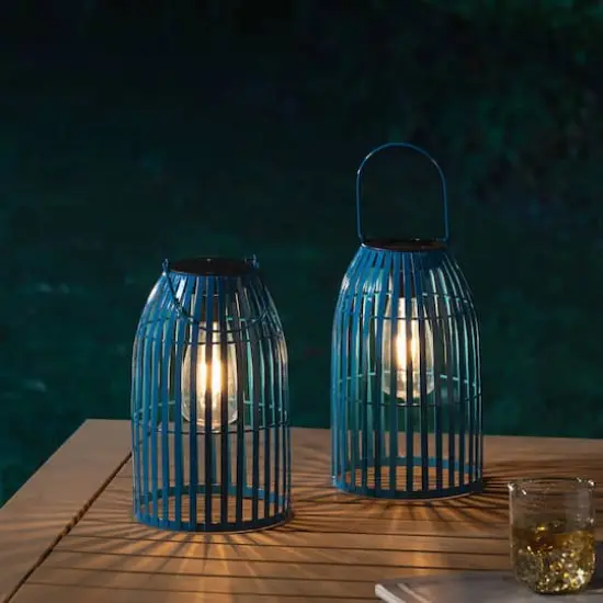 Glitzhome&reg; 9.75" Metal Woven Solar Powered Hanging Lantern, 2ct. Blue {3}